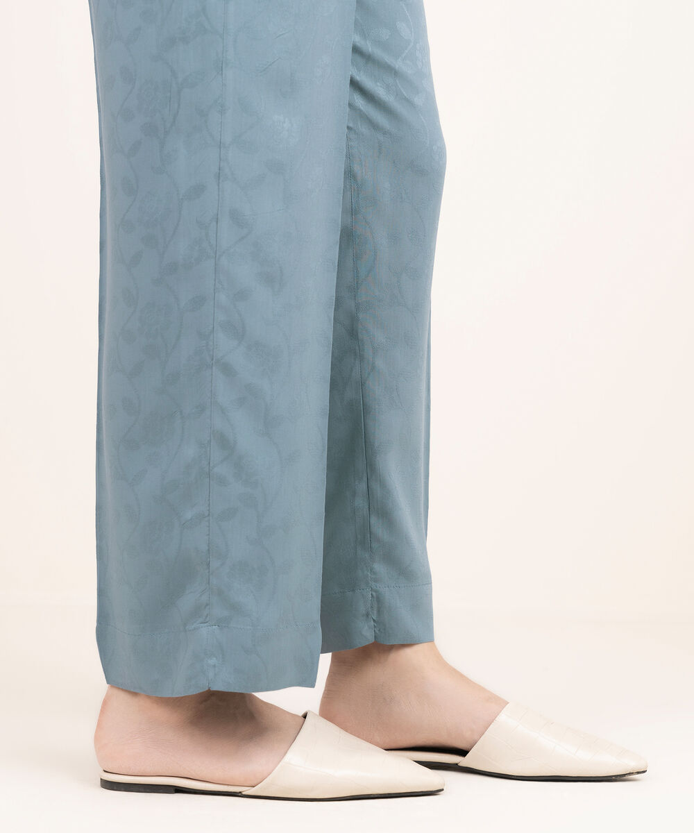 Women's RTW Arabic Self Jacquard Solid Blue Straight Pants