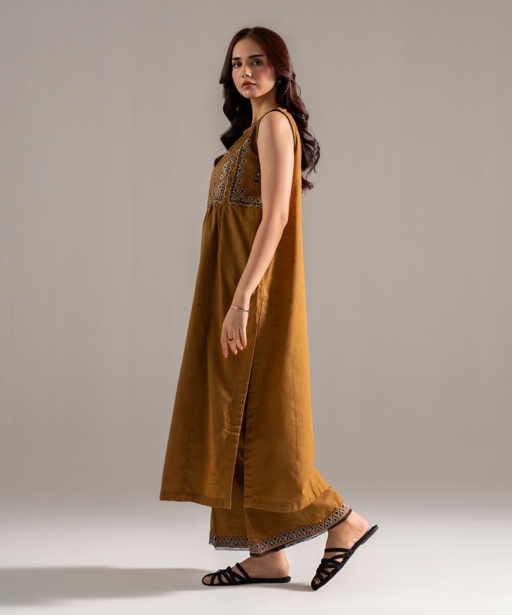 Women's RTW Khaddar Solid Embroidered Brown Flared A-Line Shirt