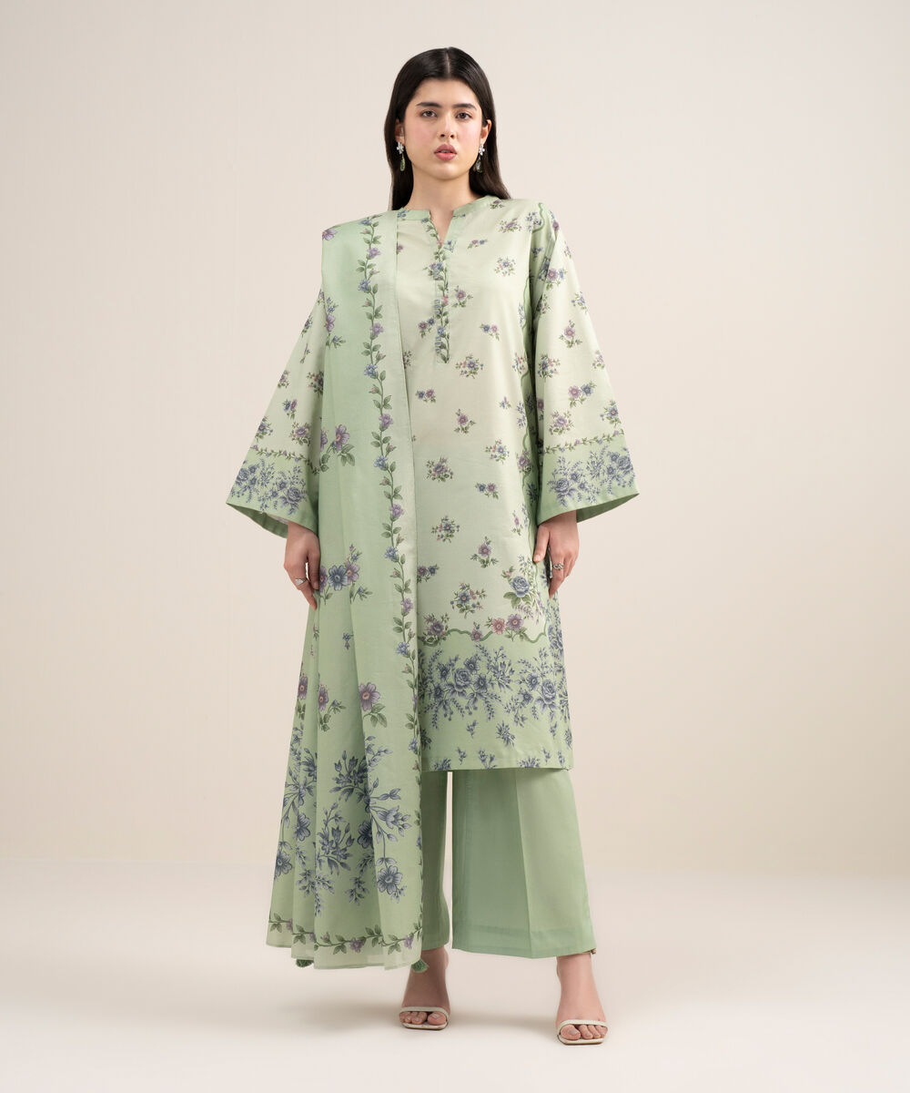 Women's Unstitched Zari Lawn Printed Green 3 Piece Suit