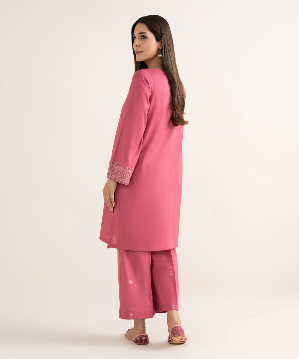 Women's RTW Textured Cotton Pink Embroidered A-Line Shirt