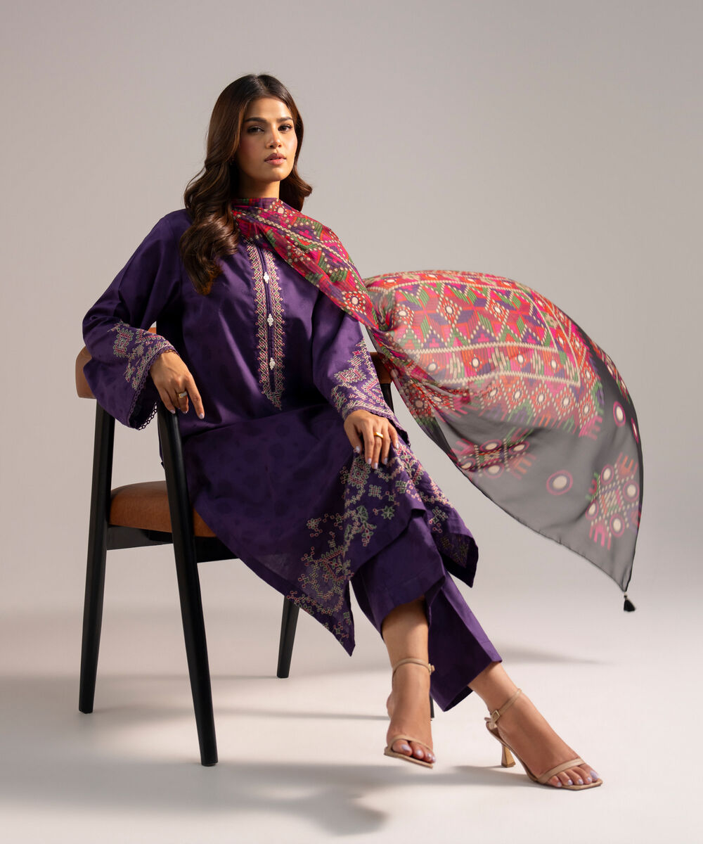 Women's RTW Self Jacquard Embroidered Purple 3 Piece Suit