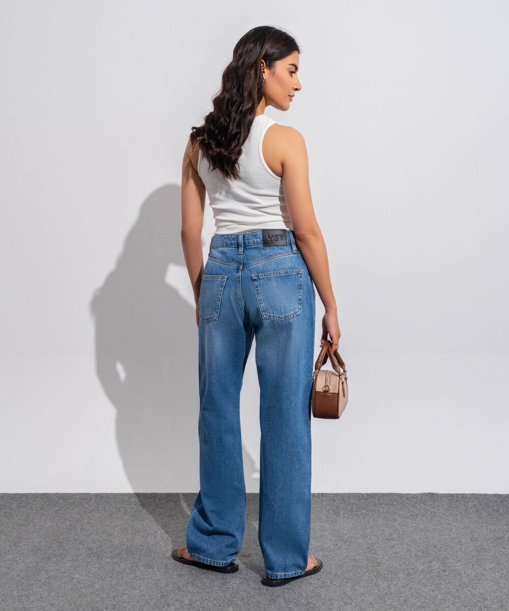 Women's Western Wear Denim Straight Fit Indigo Blue - Mid Worn Jeans