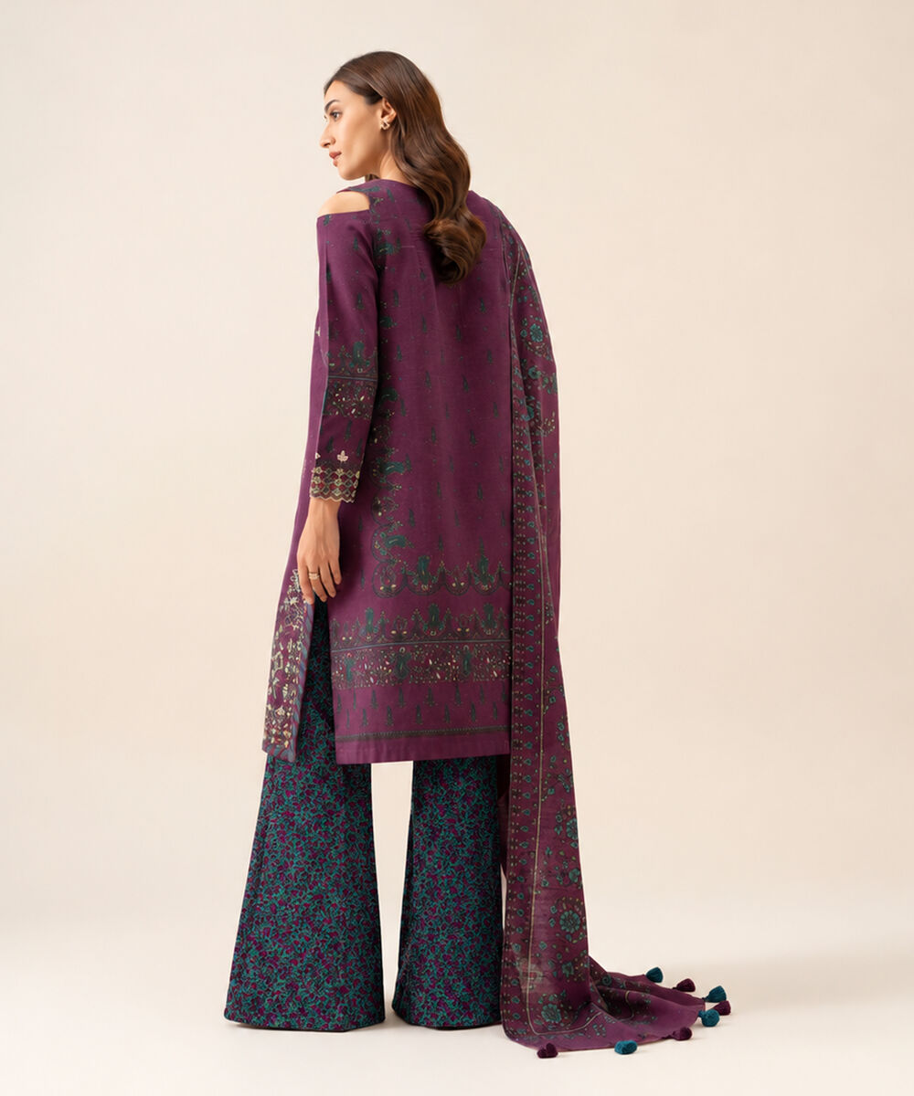 Women's Unstitched Light Khaddar Embroidered Plum 3 Piece Suit