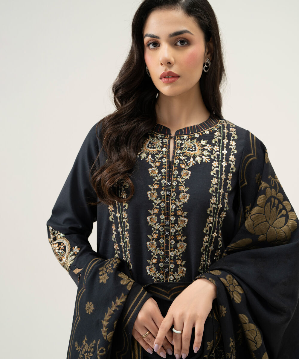 Women's Unstitched Basic Khaddar Embroidered Black 3 Piece Suit