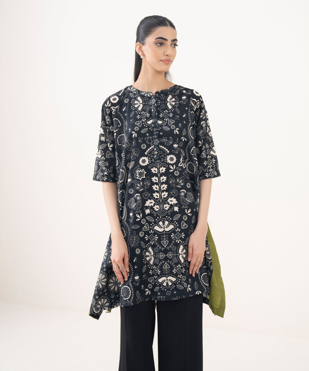 Women's RTW Cotton Viscose Black Printed Drop Shoulder Shirt