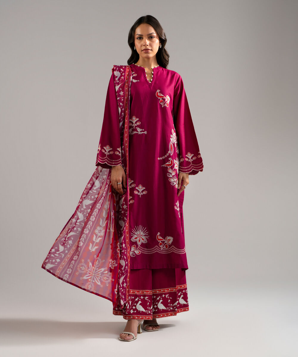 Women's RTW Dobby Embroidered Pink 3 Piece Suit