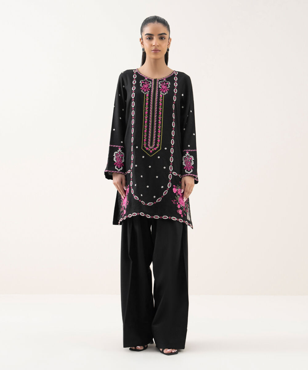 Women's RTW Cotton Viscose Black Embroidered Straight Shirt