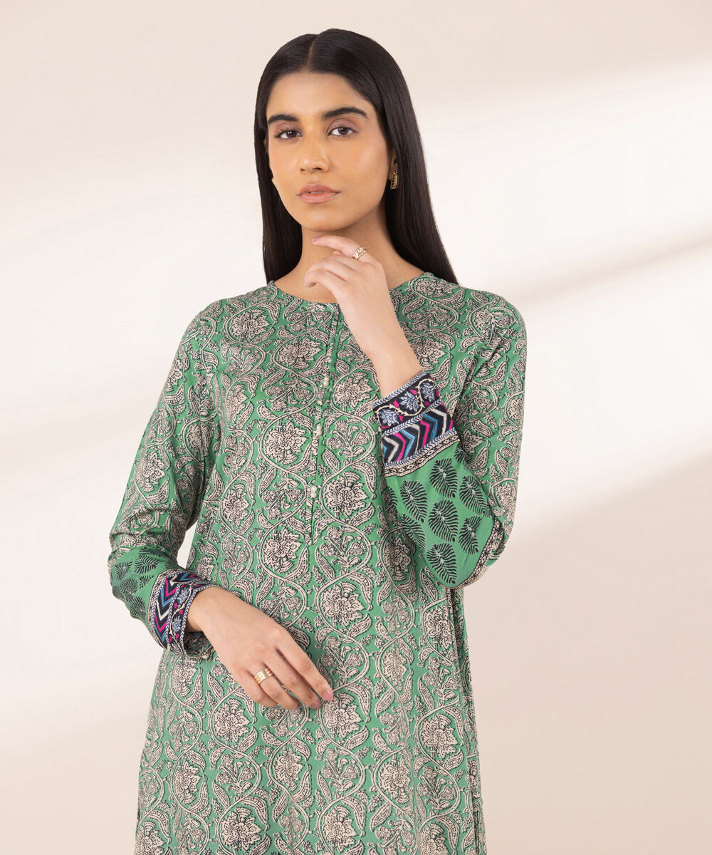 Women's RTW Arabic Lawn Green Printed A-Line Shirt