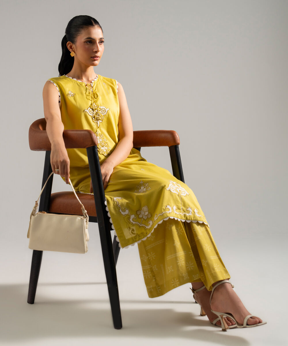 Women's RTW Dobby Embroidered Yellow 2 Piece Suit