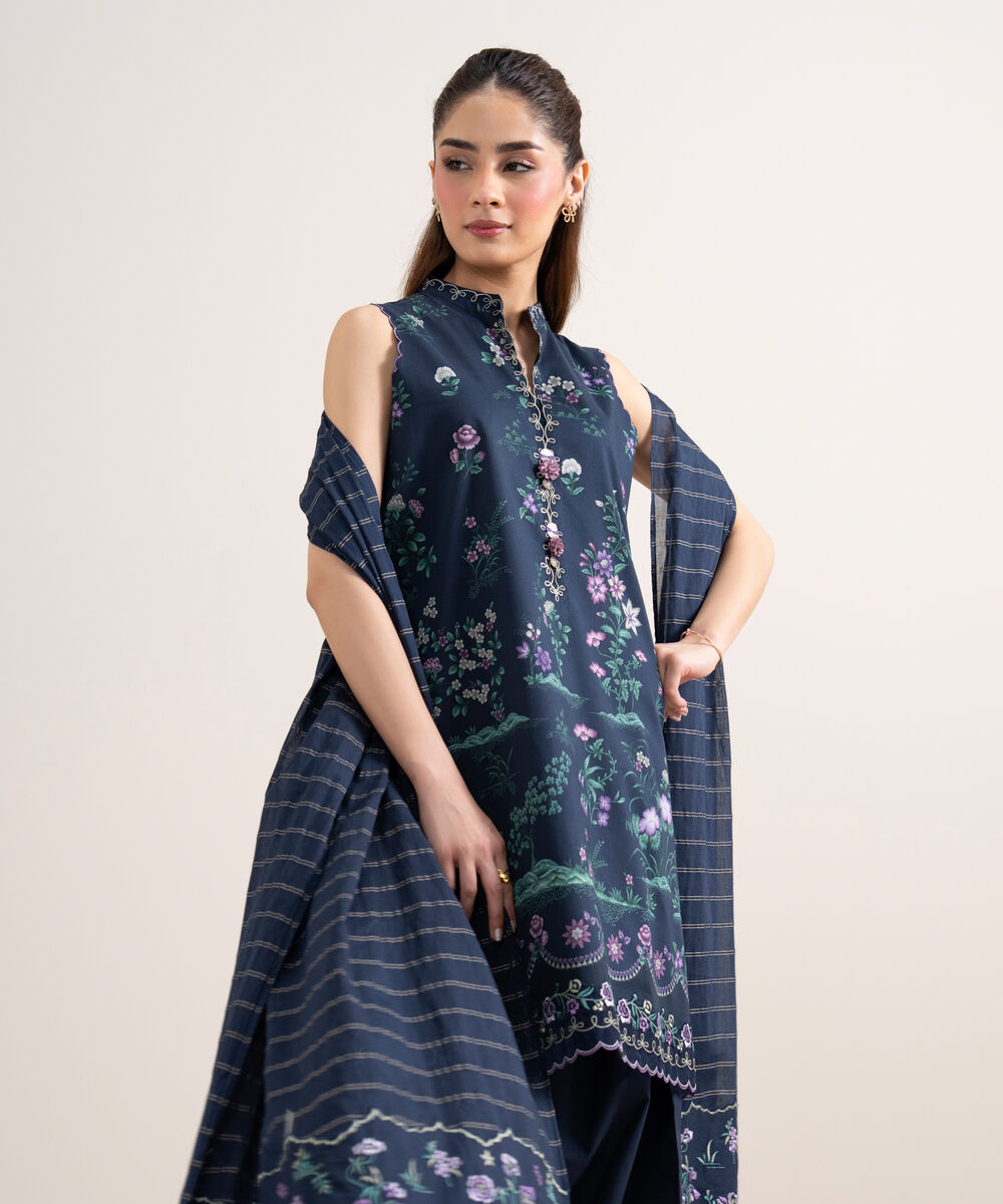 Women's Unstitched Lawn Embroidered Blue 3 Piece Suit
