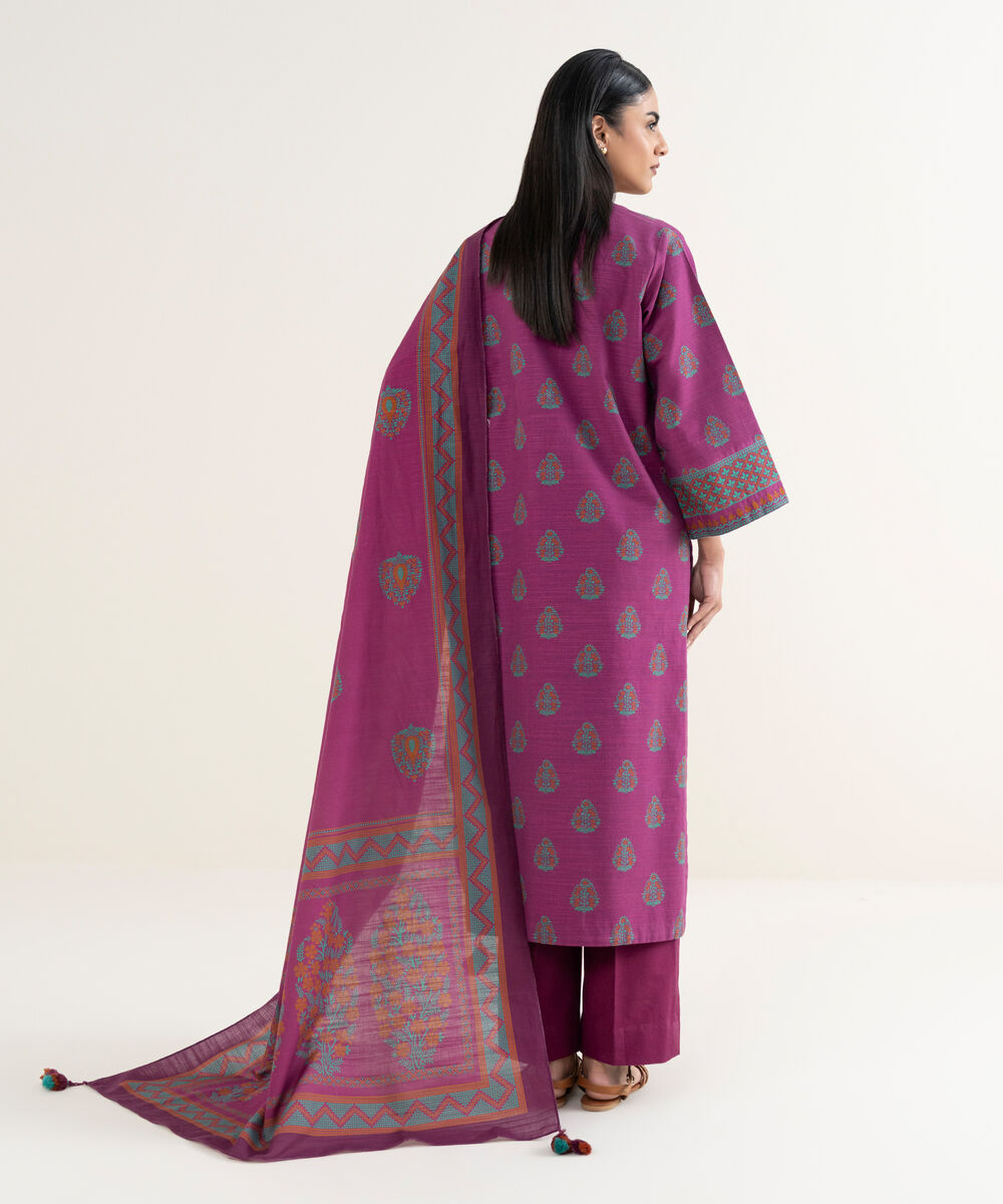 Women's Unstitched Printed Cotton Magenta 3 Piece Suit