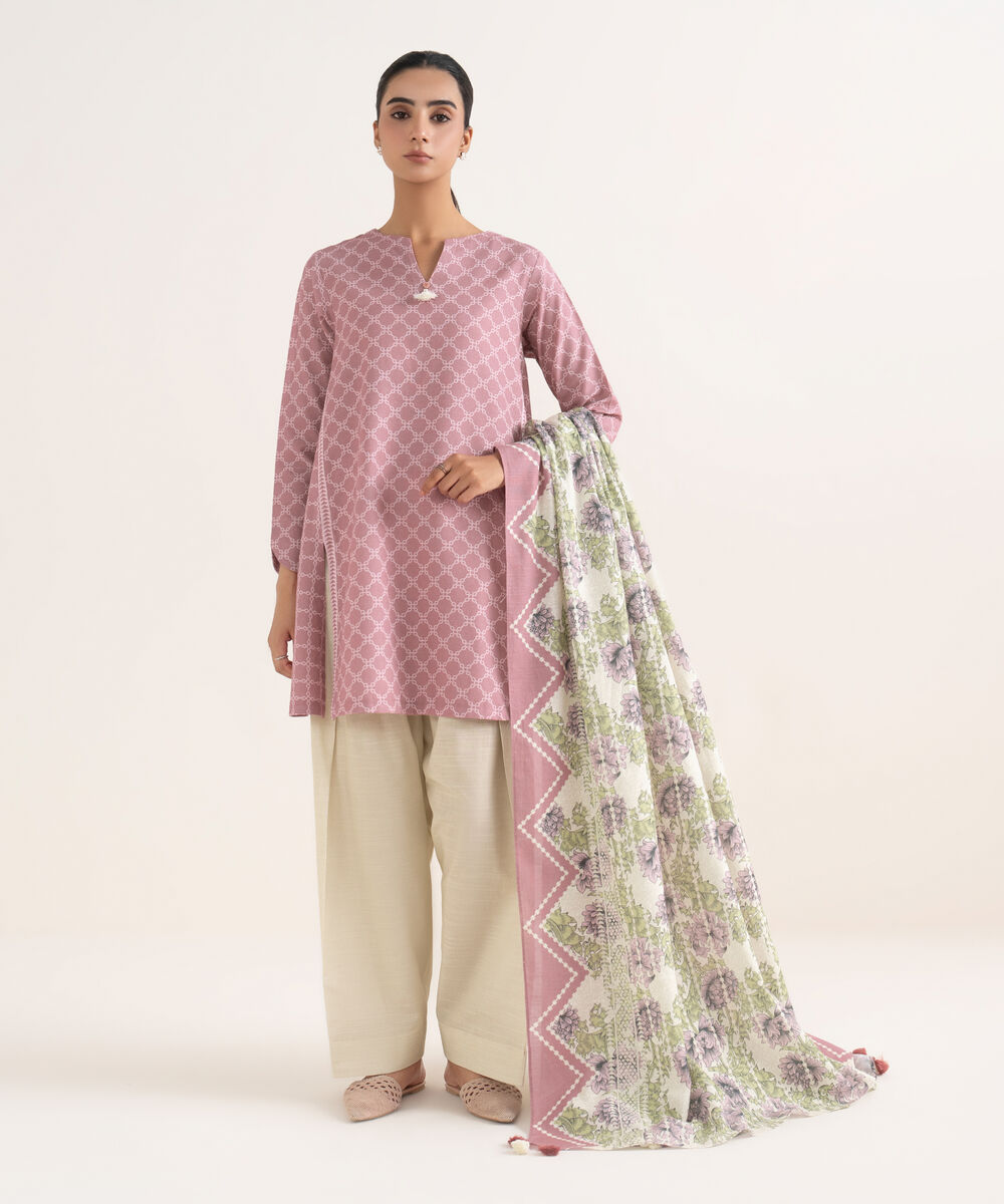 Women's Unstitched Light Khaddar Printed Pink Two Piece Suit