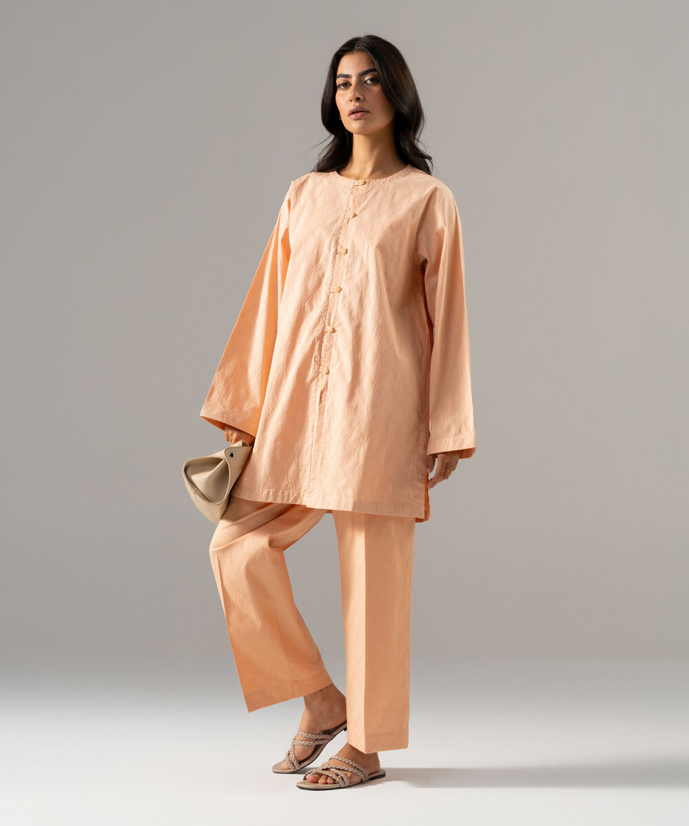 Women's RTW Textured Cotton Solid Peach 2 Piece Suit