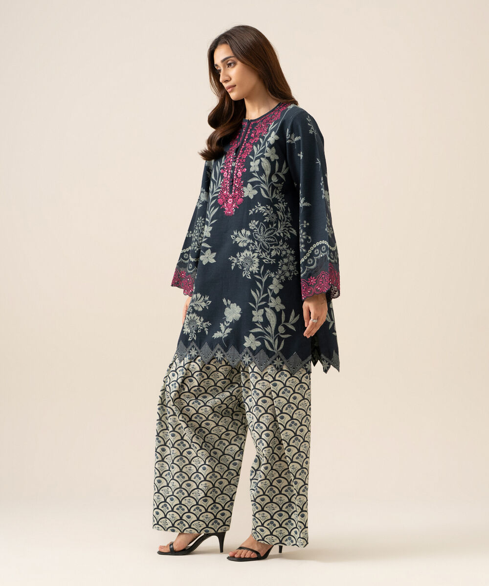 Women's Unstitched Light Khaddar Embroidered Black & White 2 Piece Suit