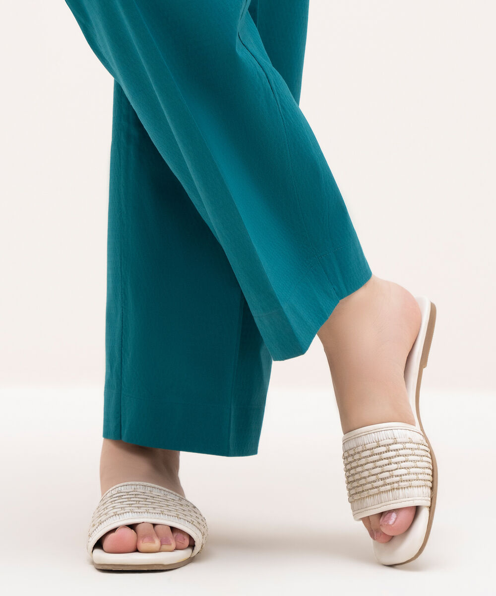 Women's RTW Textured Cotton Blue Solid Straight Pants