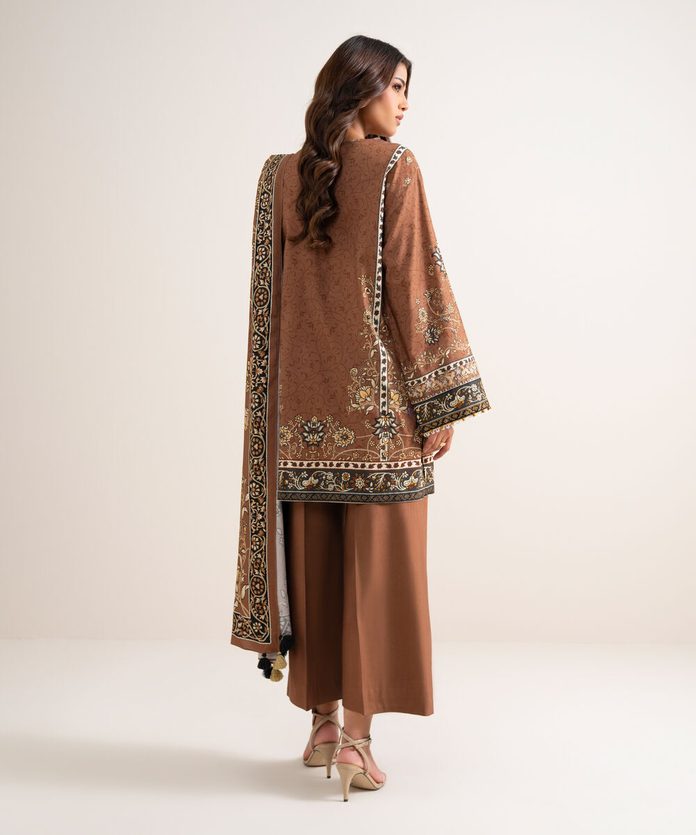 Women's Unstitched Printed Cotton Viscose Rust 3 Piece Suit