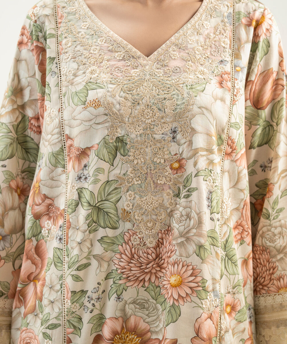 Women's RTW Lawn Embroidered Beige 3 Piece Suit