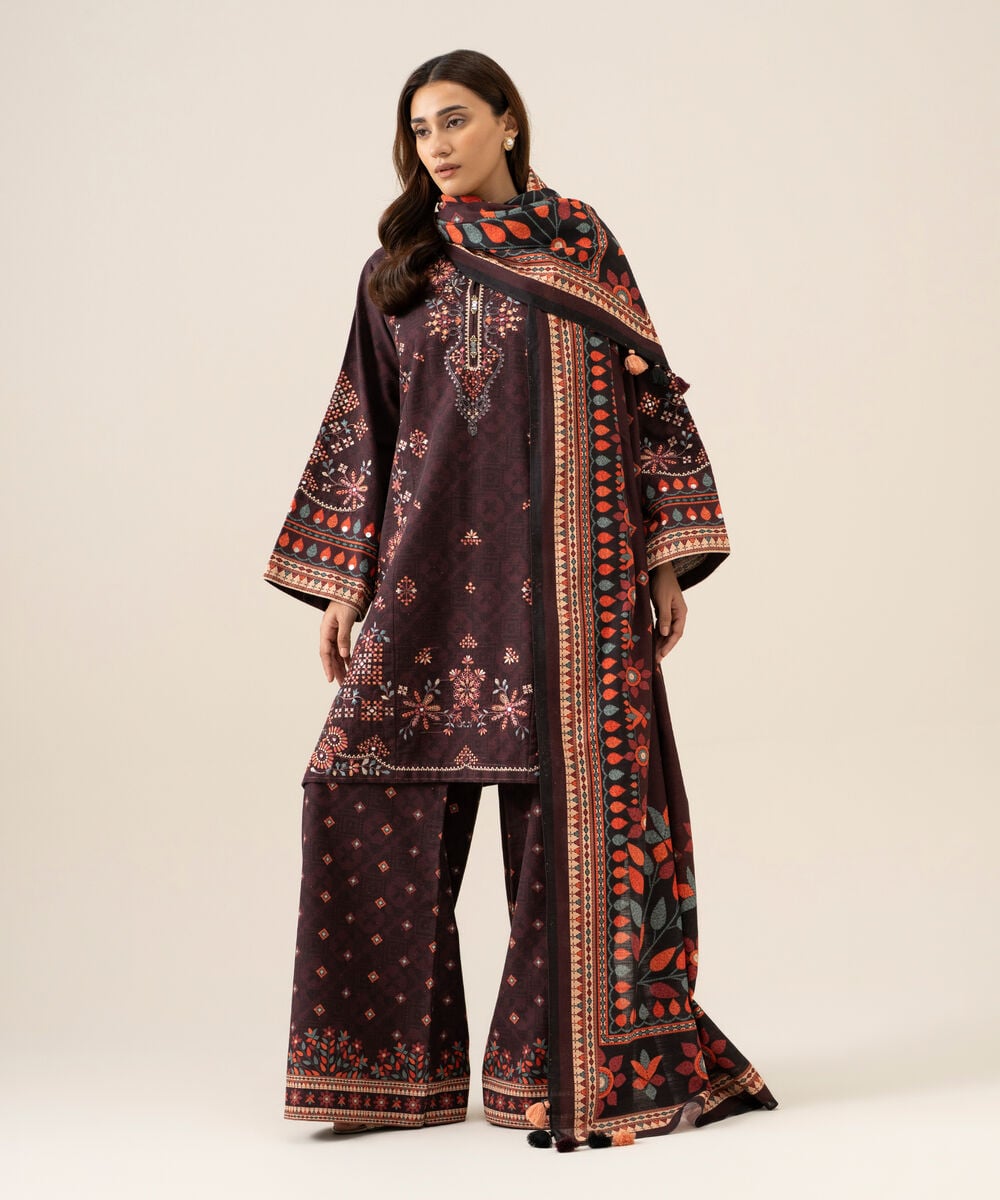 Women's Unstitched Light Khaddar Embroidered Plum 3 Piece Suit