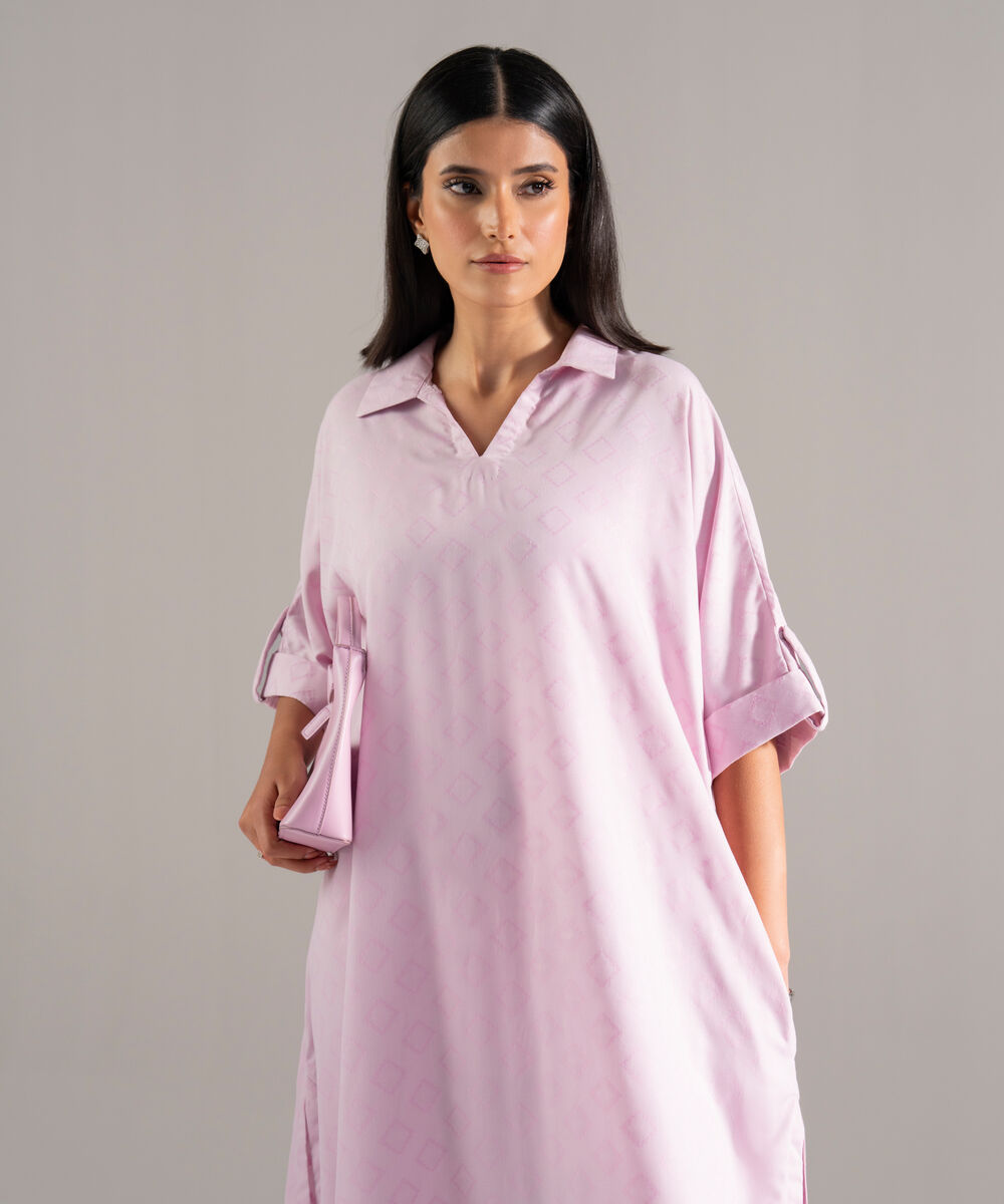 Women's RTW Poly Viscose Jacquard Solid Pink Drop Shoulder Shirt
