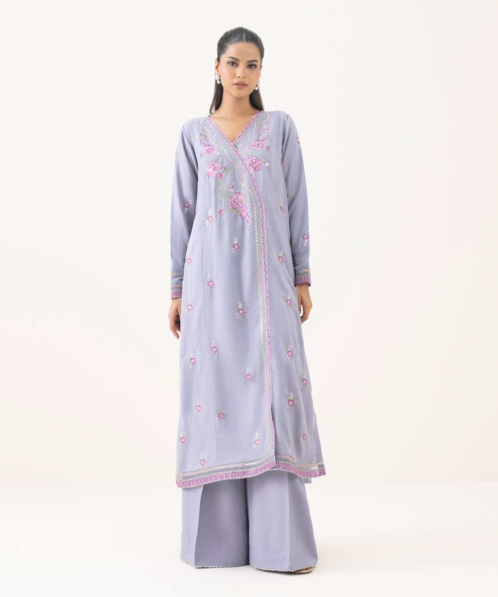 Women's RTW Cotton Viscose Purple Embroidered A-Line Shirt