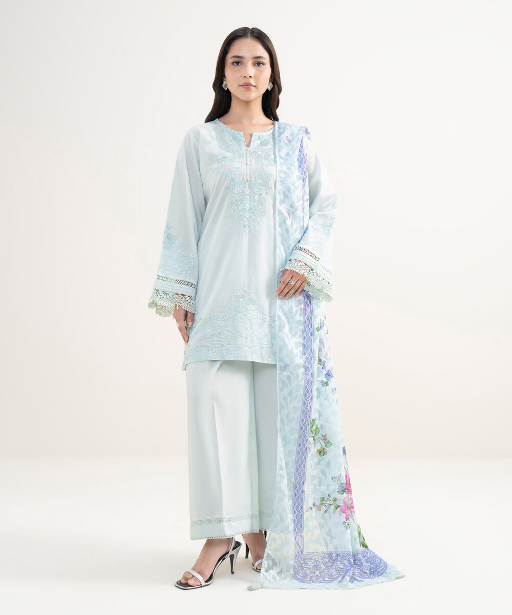 Women's RTW Self Jacquard Embroidered Blue Straight Shirt