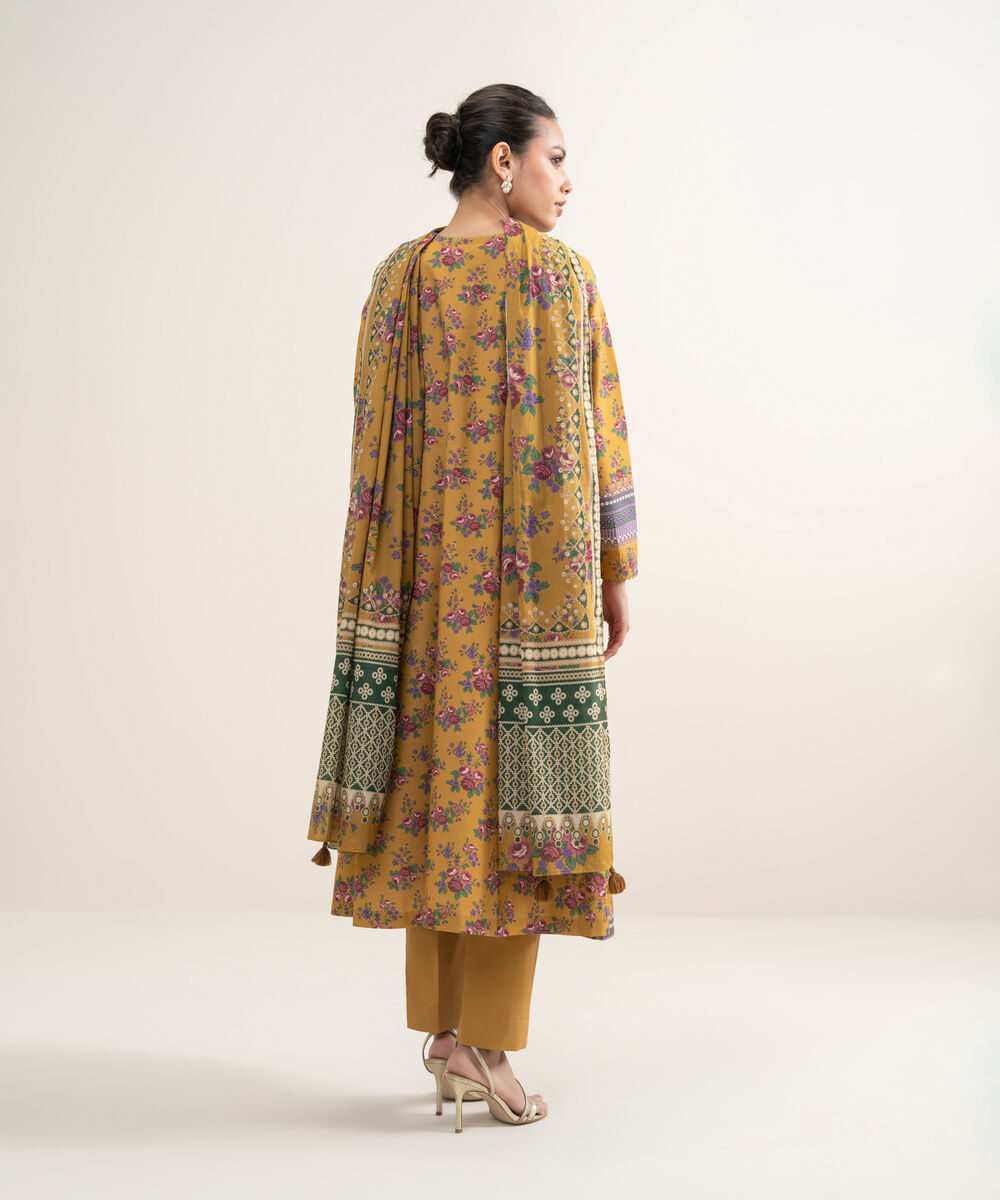 Women's Unstitched Lawn Embroidered Mustard 3 Piece Suit