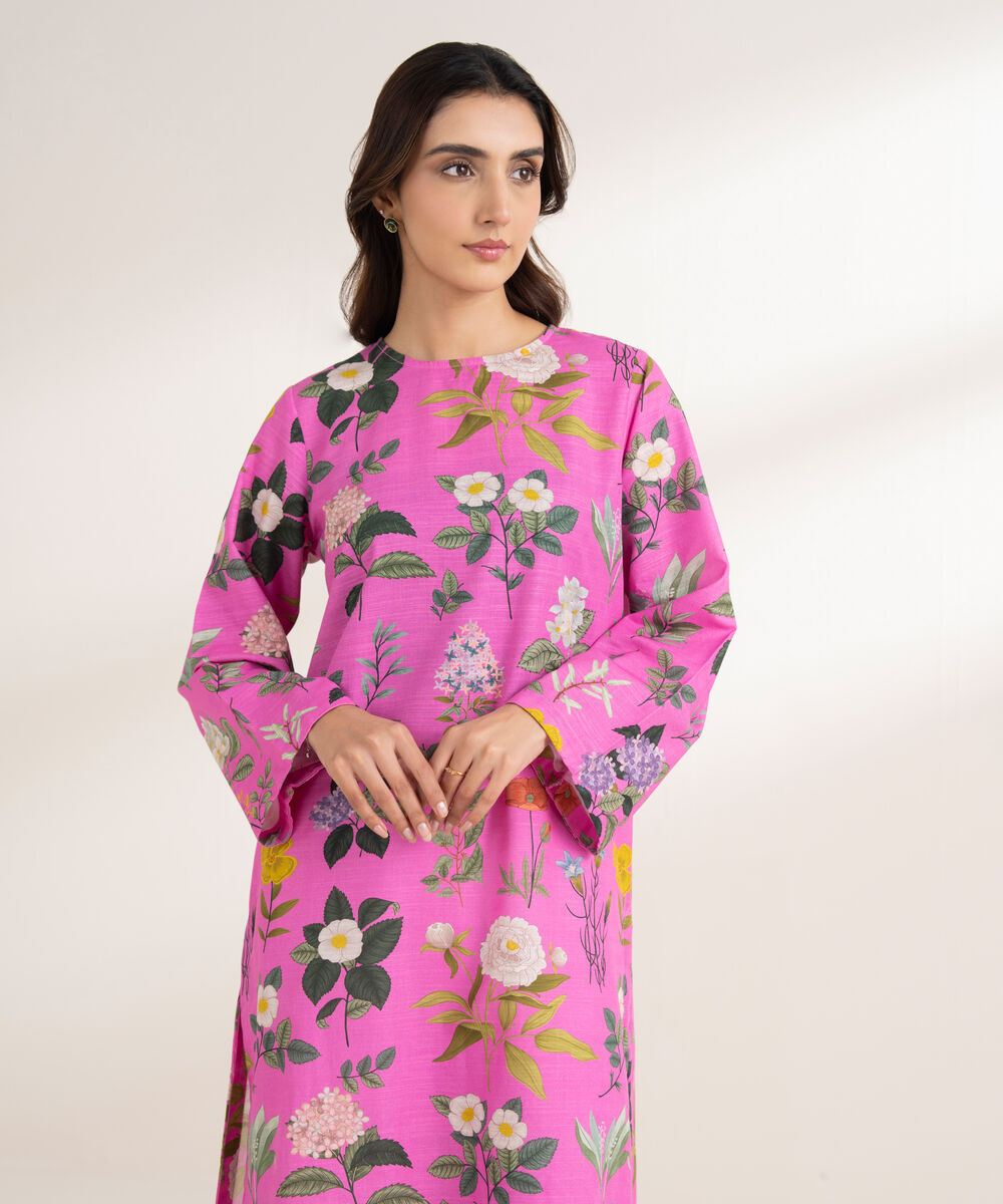 Women's RTW Khaddar Printed A-Line Pink Shirt