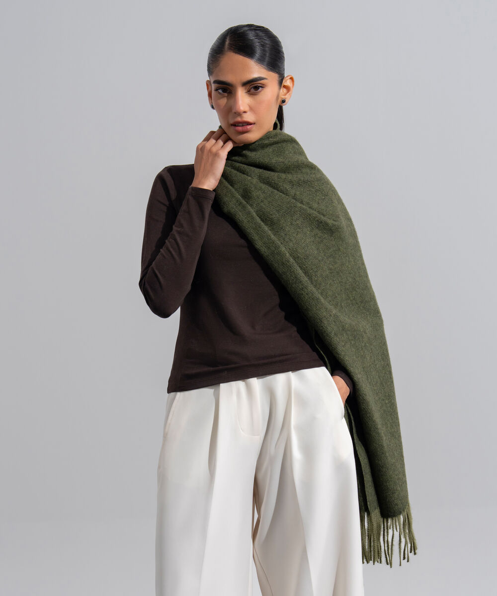 Women's Western Wear Forest Green Polyester Solid Woolen Scarf