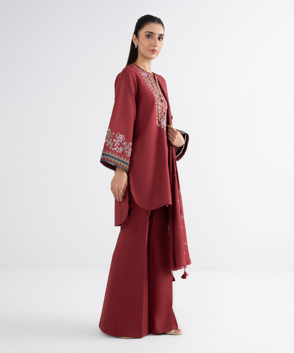 Women's Unstitched Khaddar Embroidered Red 3 Piece Suit