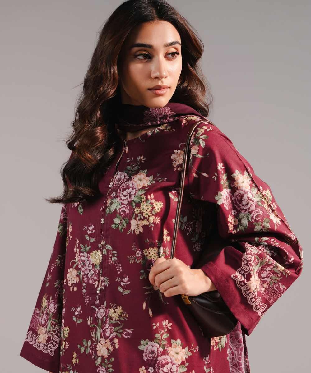 Women's RTW Cotton Viscose Printed Plum 2 Piece Suit