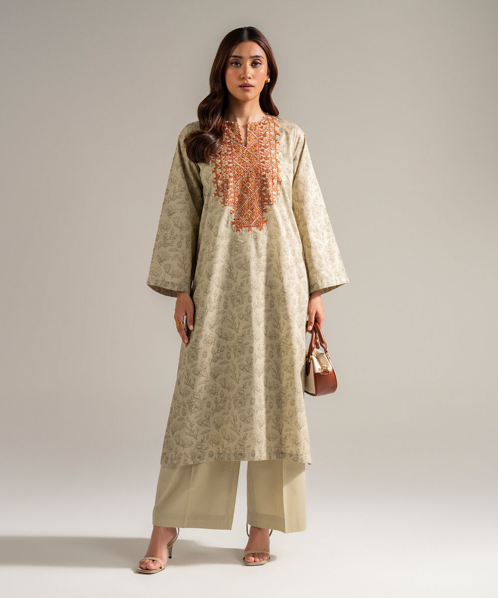 Women's RTW Cambric Embroidered Dark Beige 2 Piece Suit