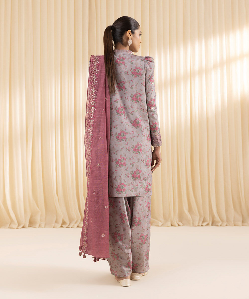 Unstitched Women's Embroidered Blended Grip Silk Grey Three Piece Suit