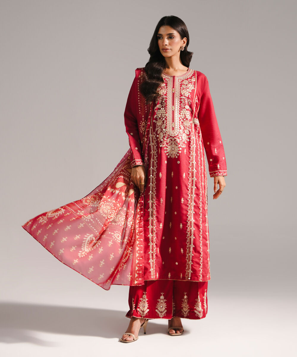Women's RTW Fancy Cotton Embroidered Maroon 3 Piece Suit