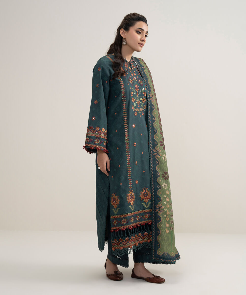 Women's Unstitched Lawn Embroidered Blue 3 Piece Suit