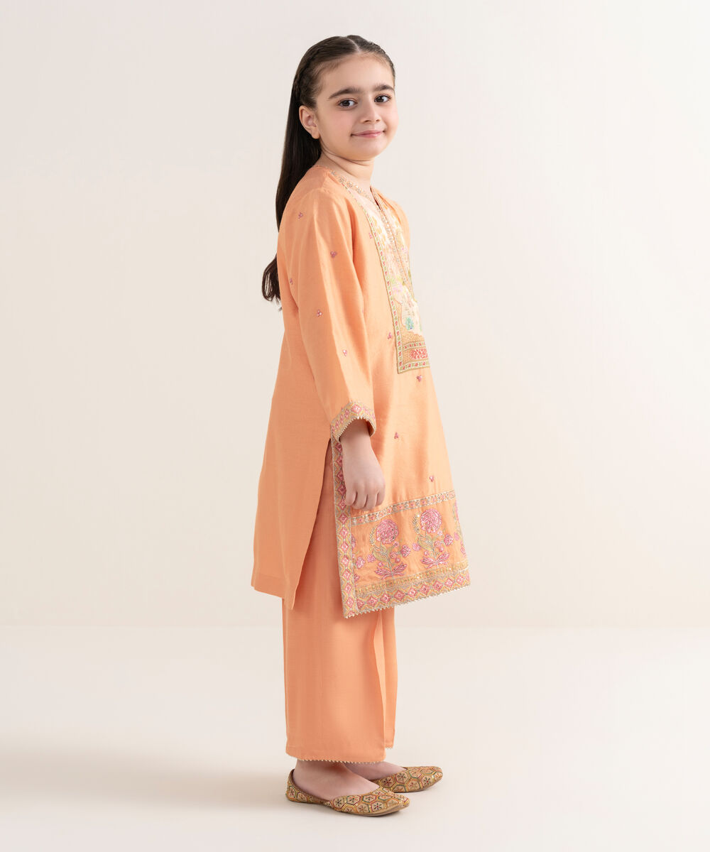 Girl's Silk Cotton Net Embroidered Orange Three Piece Suit