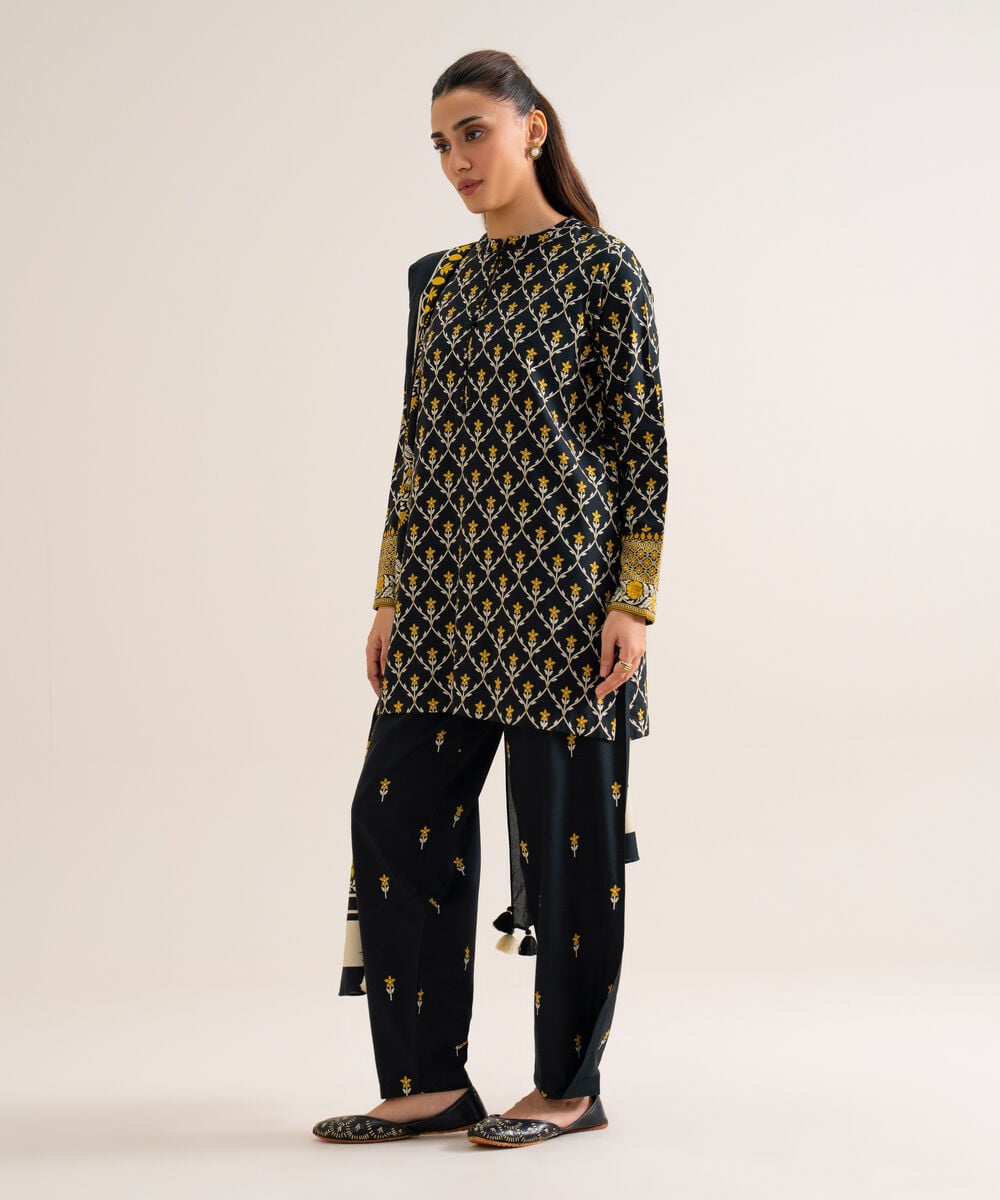 Women's Unstitched Viscose Linen Printed Black 3 Piece Suit