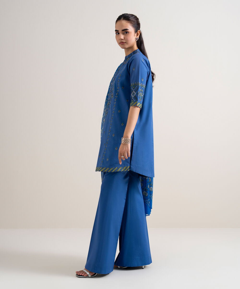 Women's Unstitched Fine Cotton Satin Embroidered Blue