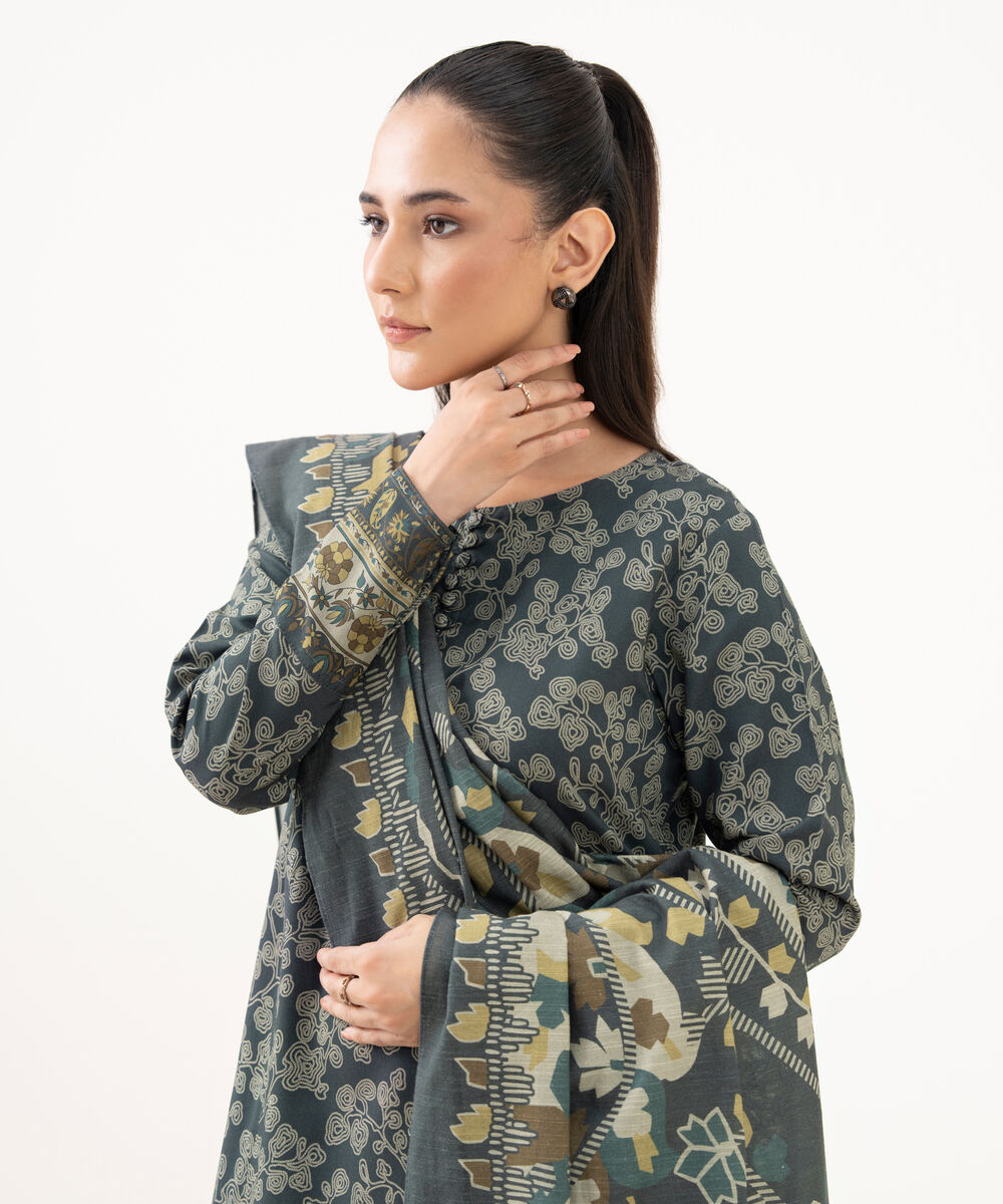 Women's Unstitched Linen Printed Grey 3 Piece Suit