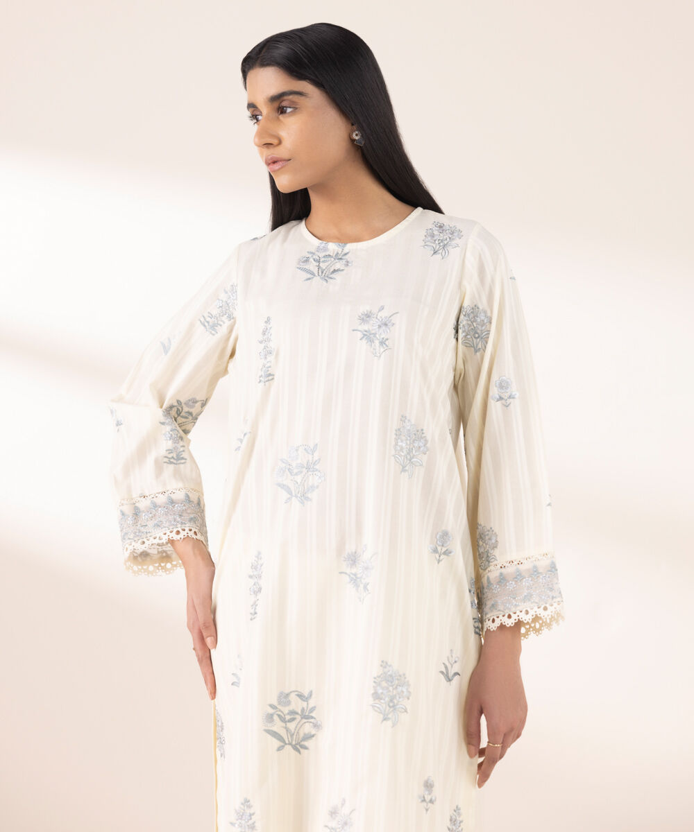 Women's RTW Dobby Beige Embroidered A-Line Shirt