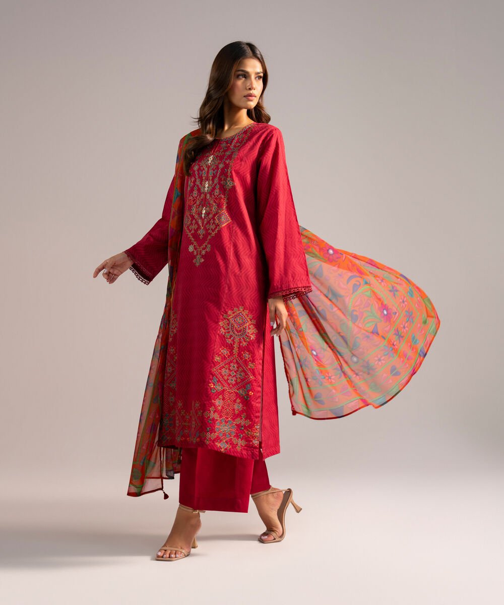Women's RTW Self Jacquard Embroidered Dark Pink 3 Piece Suit