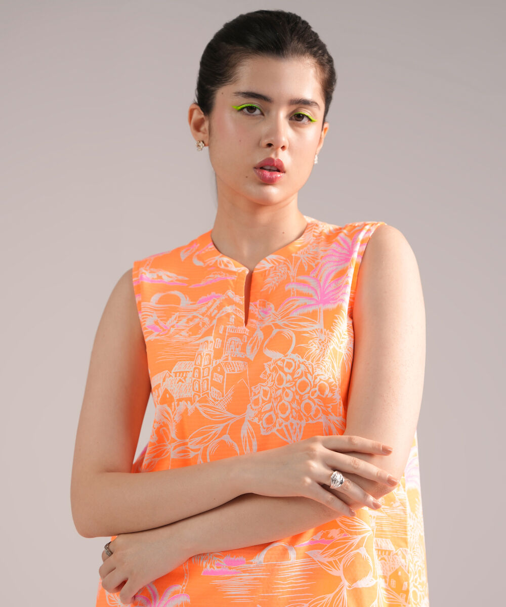 Women's RTW Dobby Printed Bright Orange 2 Piece Suit