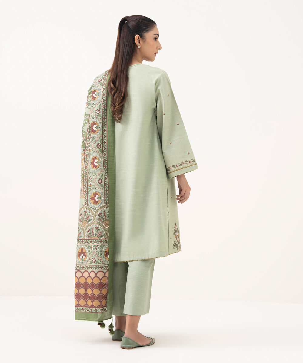Women's Unstitched Cotton Embroidered Green 3 Piece Suit