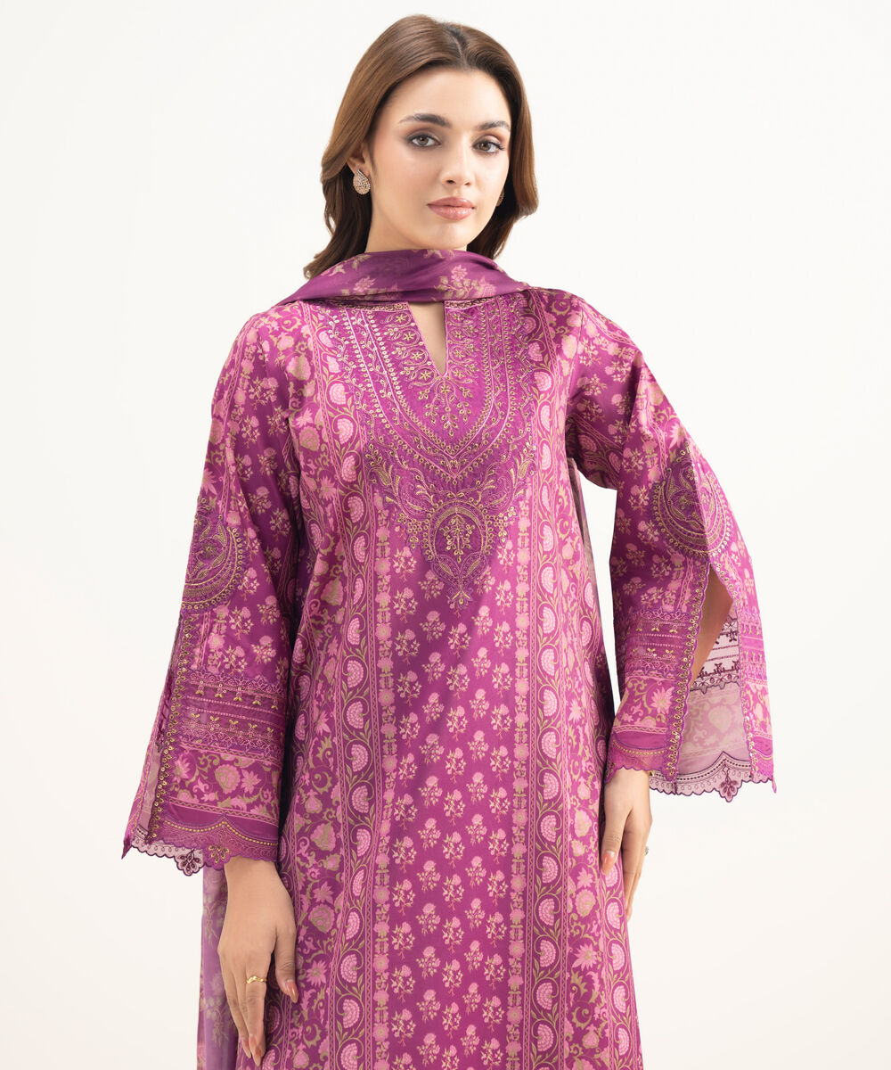 Women's Unstitched Blended Grip Silk Embroidered Purple 3 Piece Suit