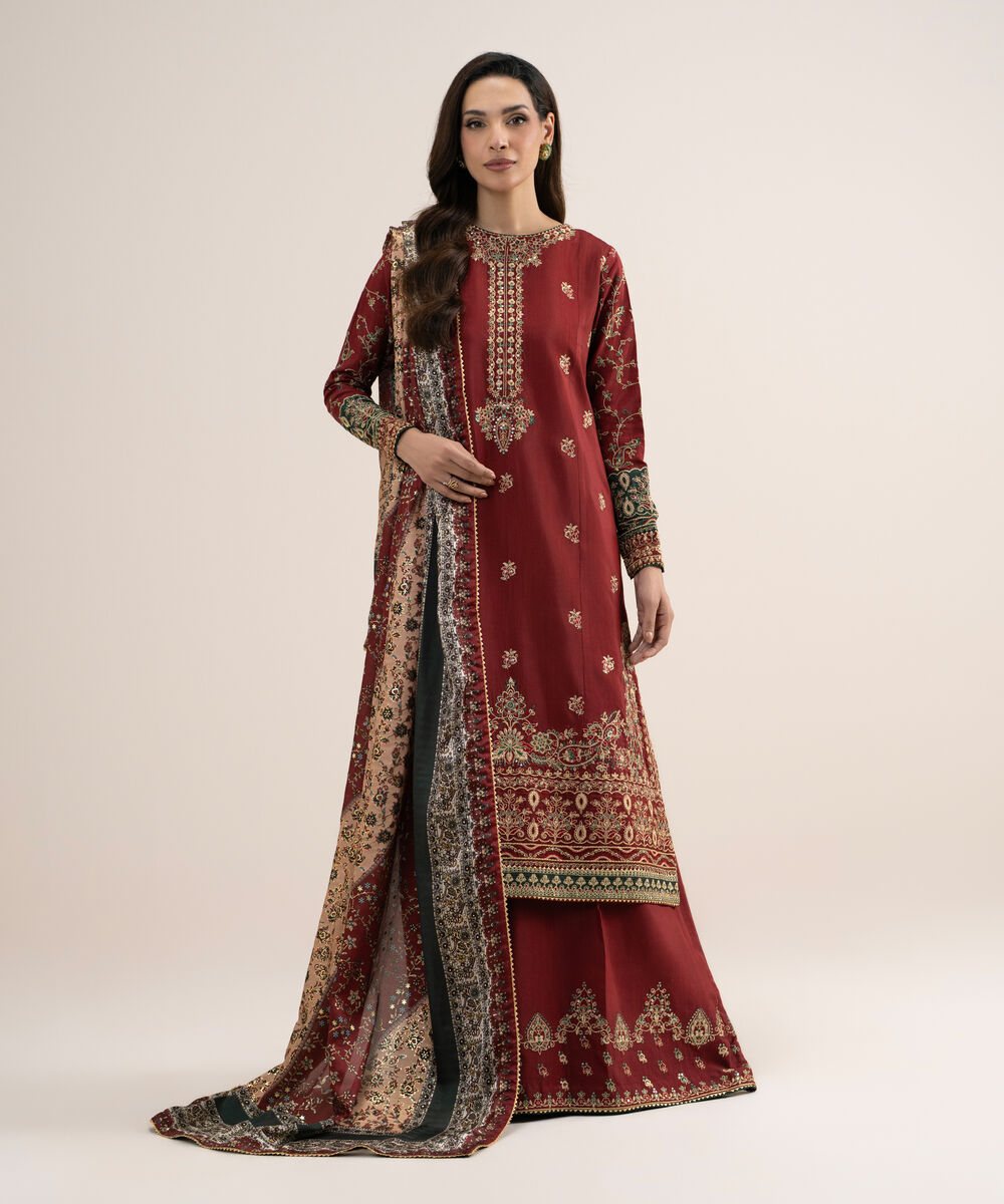 Women's Unstitched Embroidered Blended Raw Silk Red 3 Piece Suit