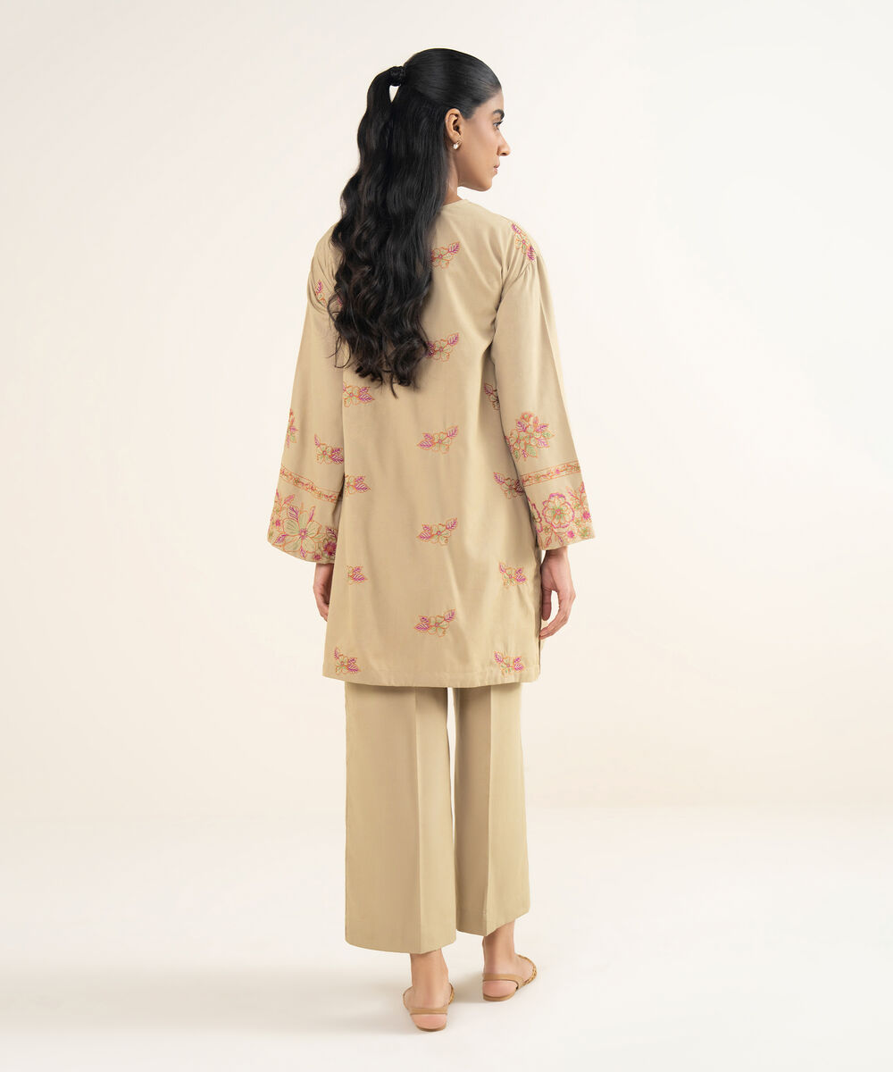 Women's RTW Self Jacquard Leno Embroidered Beige Drop Shoulder Shirt