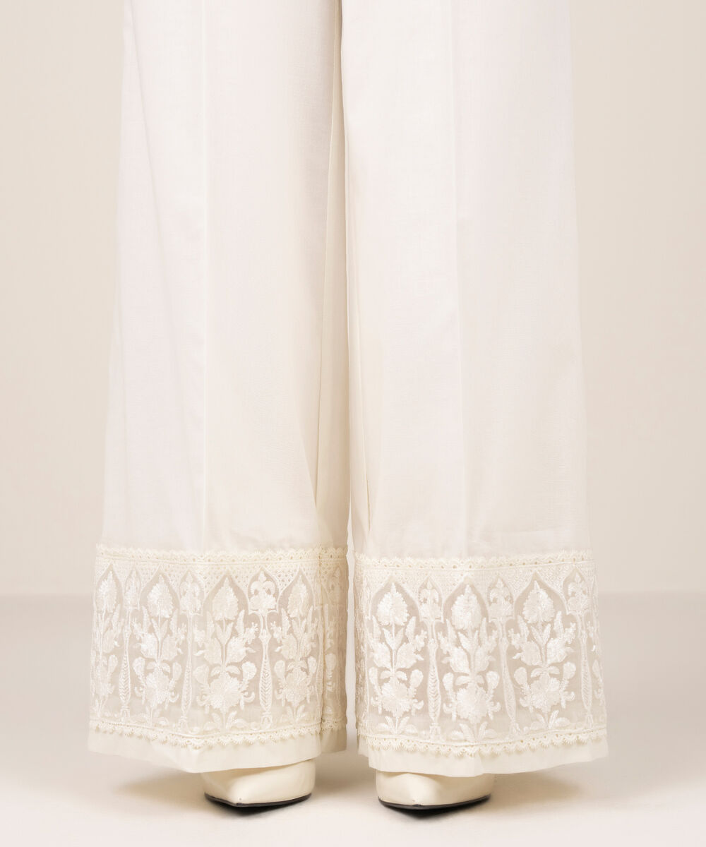 Women's RTW Cotton Embroidered White Flared Pants
