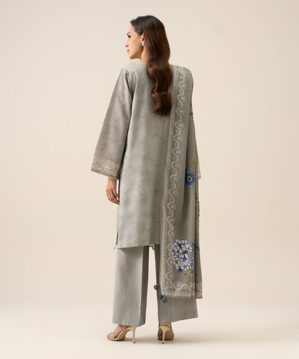 Women's Unstitched Light Khaddar Embroidered Grey 3 Piece Suit