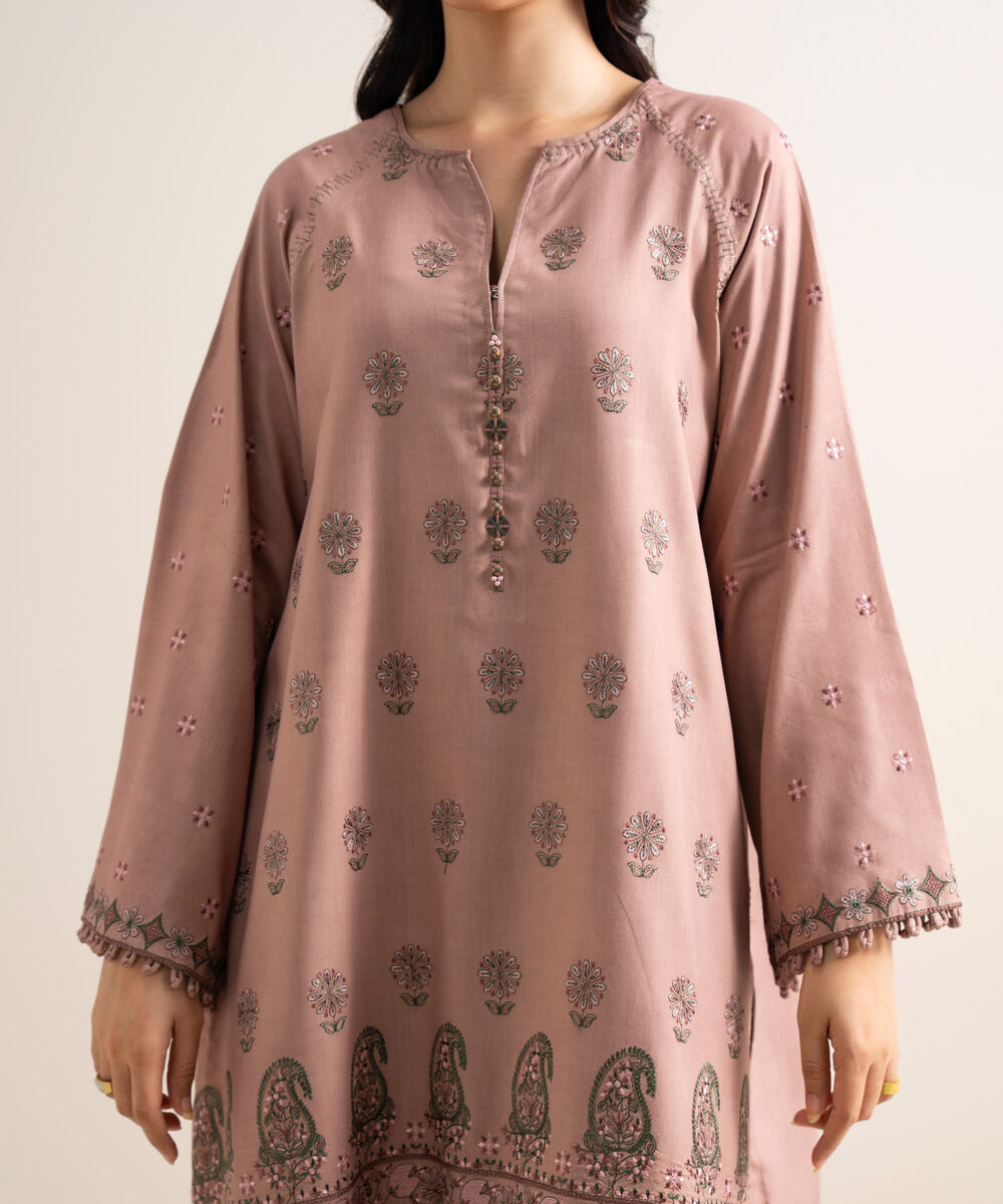 Women's Unstitched Embroidered Linen Pink 3 Piece Suit
