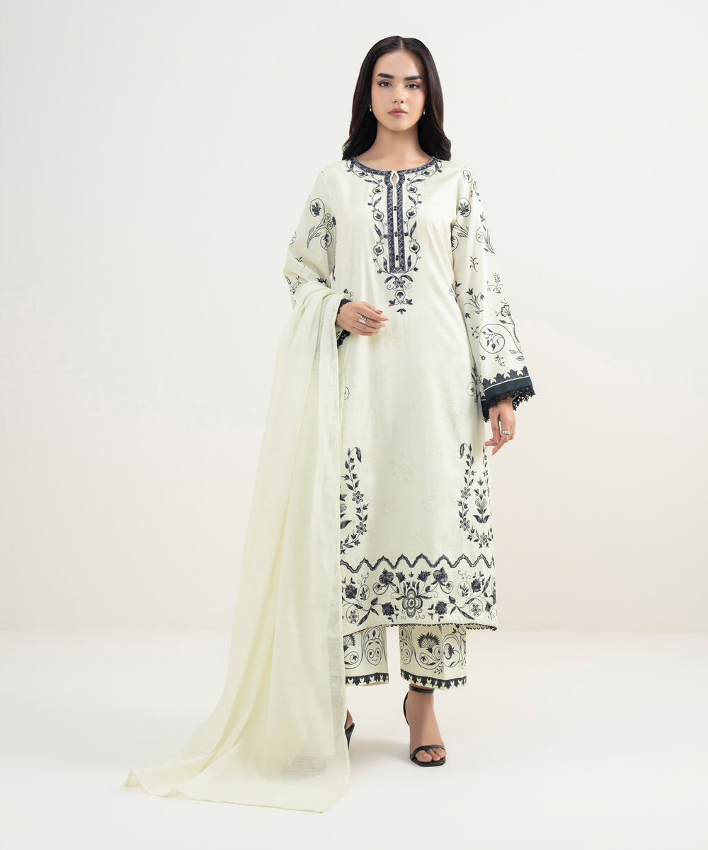 Women's RTW Cotton Satin Embroidered White A-Line Shirt