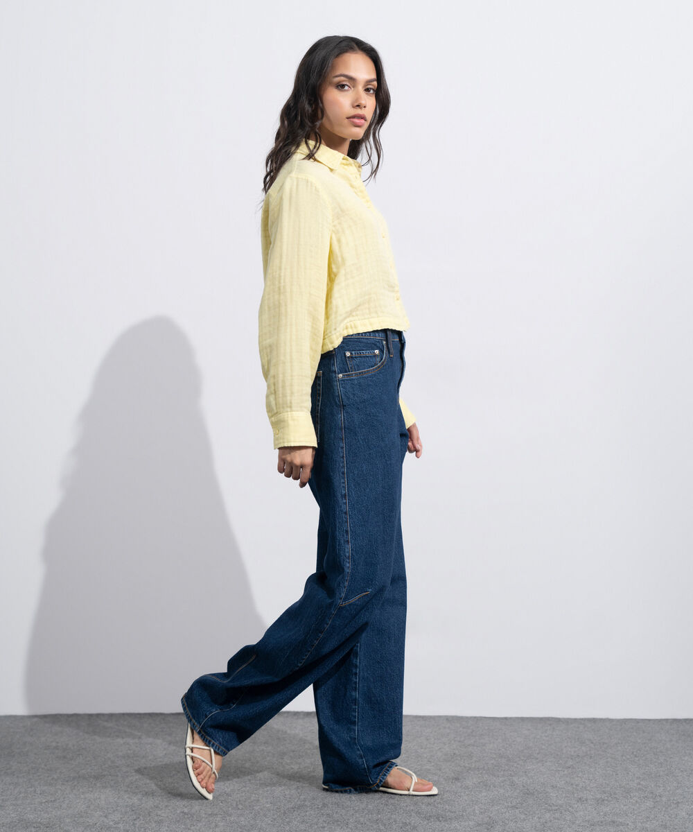 Women's Western Butter yellow Short Body Cotton Muslin Shirt